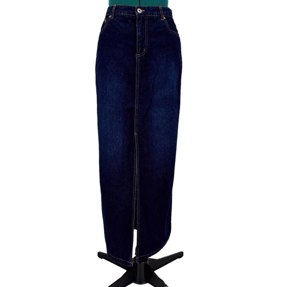 Contrast Jeans Dark Blue Wash Denim Maxi Skirt with Front Slit, 9 - Picture 3 of 16